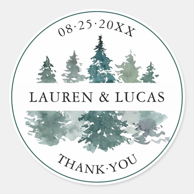 Rustic Pine Trees Forest Thank You Wedding Classic Round Sticker (Front)