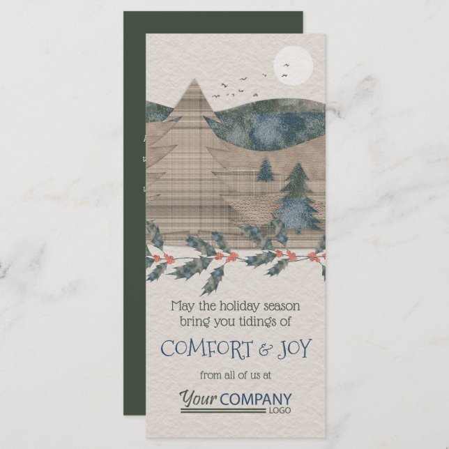 Rustic Pine Trees, Green, Beige Company Holiday Card (Front/Back)