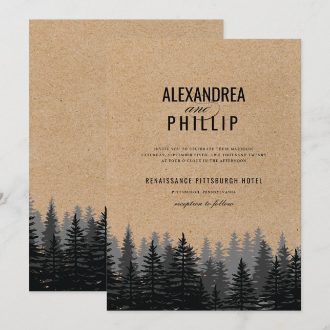 Rustic Pine Trees Kraft Winter Wedding Invitation (Front/Back)