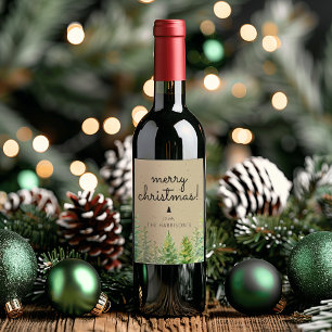 Rustic Pine Trees Merry Christmas Wine Label