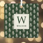 Rustic Pine Trees Monogram Christmas Photo Metal Tree Decoration<br><div class="desc">Custom-designed Christmas photo ornaments featuring rustic hand drawn style forest green and beige pine trees design with personalised family name and photo.</div>
