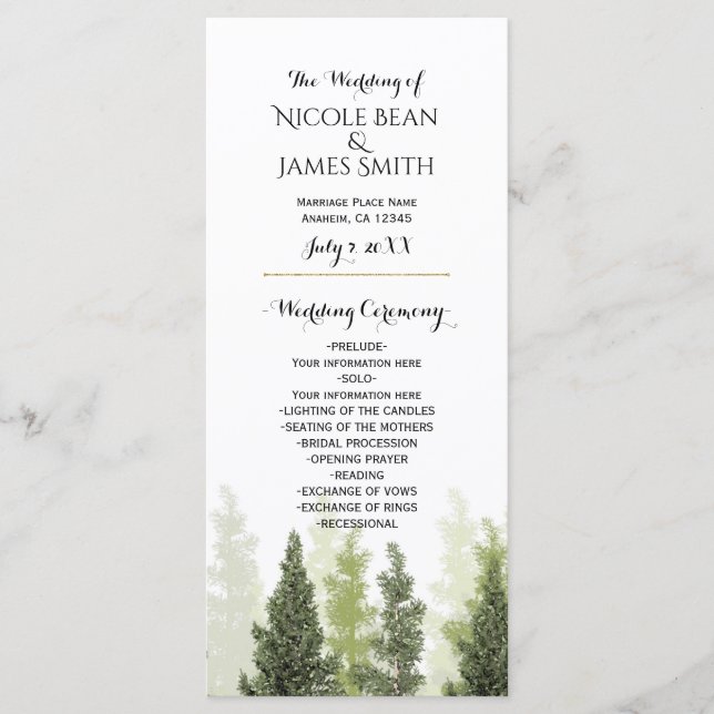 Rustic Pine Trees Simple Country Wedding Program Programme (Front)