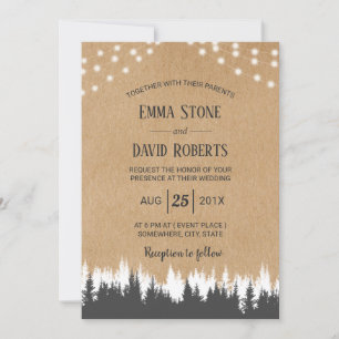 Rustic Pine Trees & String Lights Forest Wedding Invitation