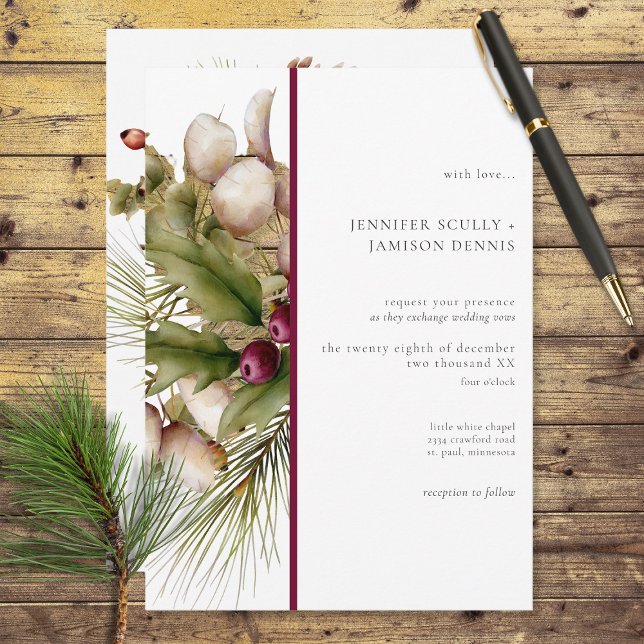 Rustic Pine Winter Bouquet Red Invitation (Also available with a gold foil line instead of deep red.)