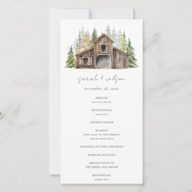 Rustic Pine Woods Forest Barnyard Wedding Program Thank You Card (Front)