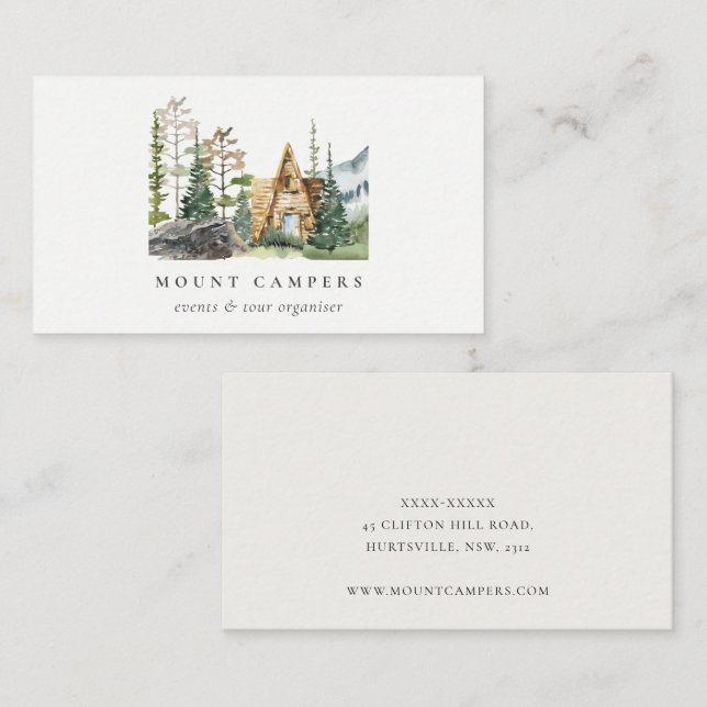 Rustic Pine Woods Watercolor Camping Mountain Camp Business Card (Front/Back)