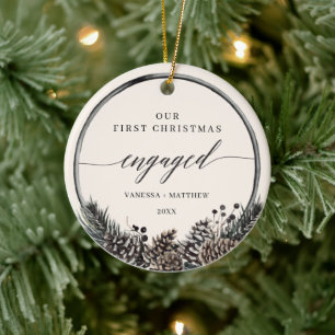 Rustic Pine Wreath First Christmas Engaged Ceramic Tree Decoration
