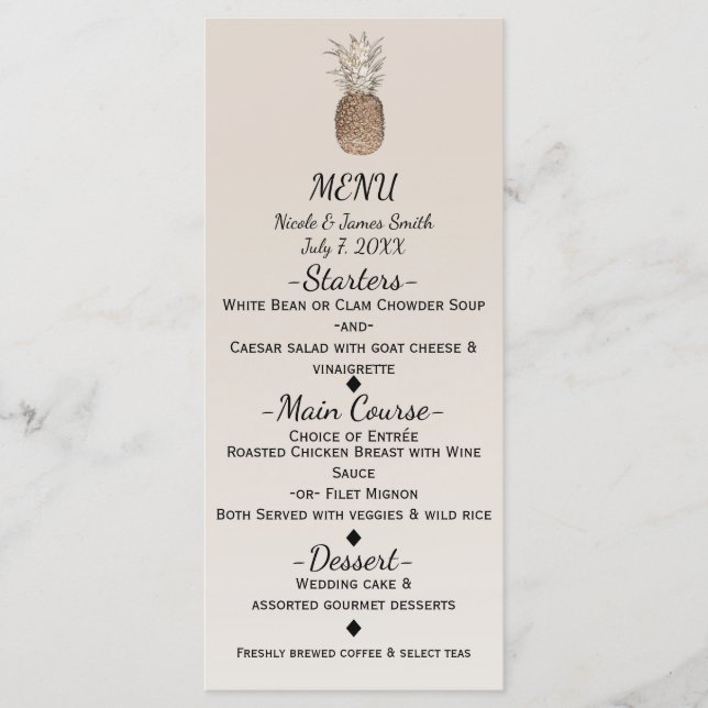 Rustic Pineapple Tropical Hawaiian Wedding Menu (Front)