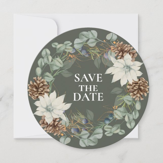 Rustic Pinecone Botanical on Green SAVE THE DATE (Front)