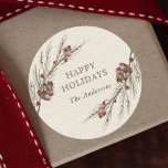 Rustic Pinecone Christmas Holiday Classic Round Sticker<br><div class="desc">Send holiday cheer to your family and friends. This design features watercolor pine corns and  red berries on a faux burlap canvas texture background. For more advanced customisation of this design,  Please click the "Customise" button. Matching items are also available.</div>