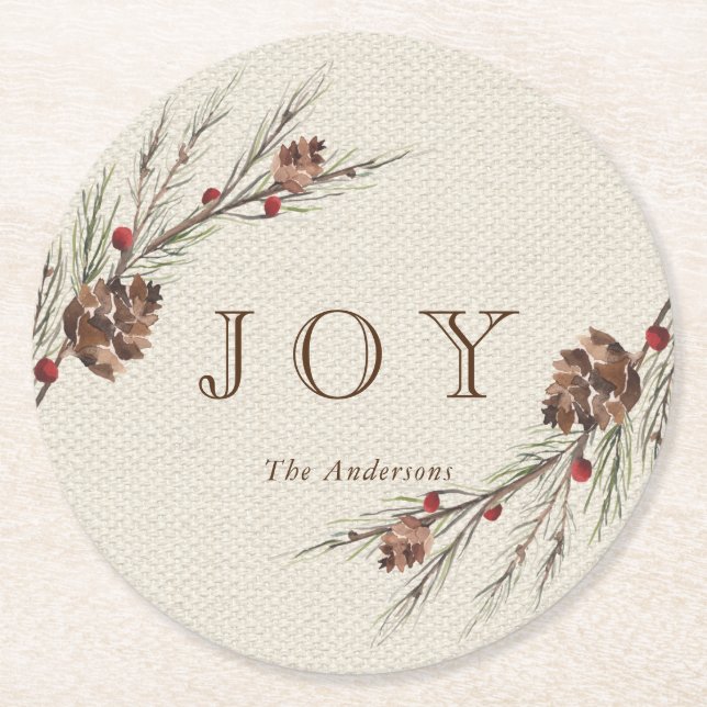 Rustic Pinecone Custom Text Holiday Round Paper Coaster (Front)