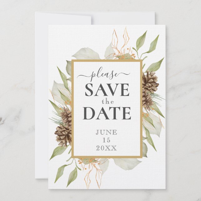 Rustic Pinecone Frame on White SAVE THE DATE Invitation (Front)