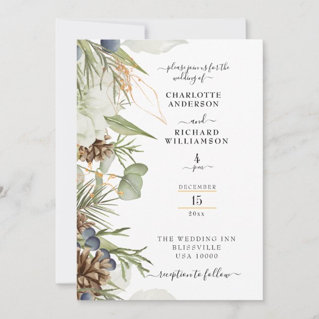 Rustic Pinecone Greenery Border  on White Invitation (Front)