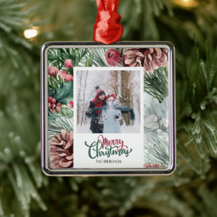 Rustic Pinecone Merry Christmas Family Photo Metal Tree Decoration