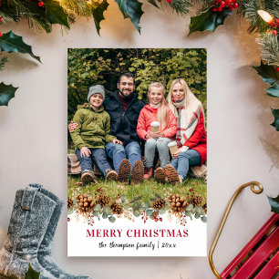 Rustic Pinecone Red Merry Christmas Family Photo Holiday Card