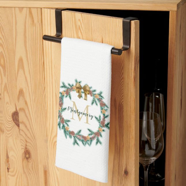 Rustic Pinecone | Stars Christmas Wreath Monogram Tea Towel (Thirds Fold)