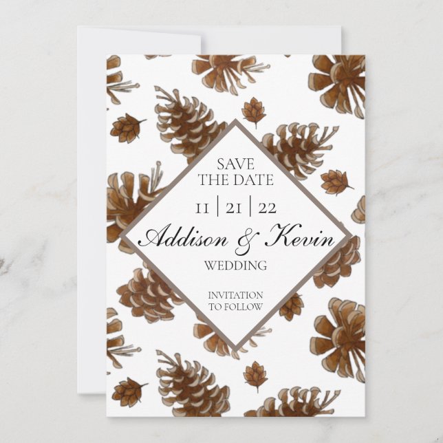 Rustic Pinecone Watercolor Save the Date Announcement (Front)