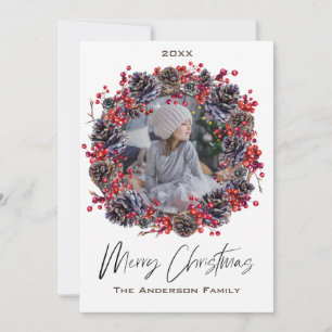 Rustic Pinecone Wreath Berry Photo Merry Christmas Holiday Card