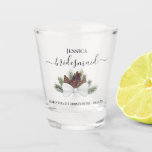 Rustic Pinecones Elegant Bridesmaid Wedding Shot Glass<br><div class="desc">These beautiful shot glasses are a fun and thoughtful way to thank your wedding bridesmaids. They feature a rustic boho chic design with elegant script lettering and a cluster of hand painted watercolor pinecones and pine branches tied with a white satin bow. The caption reads: Bridesmaid, with space for her...</div>