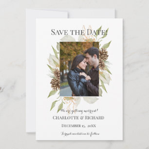 Rustic Pinecones Engagement Photo Save the Date