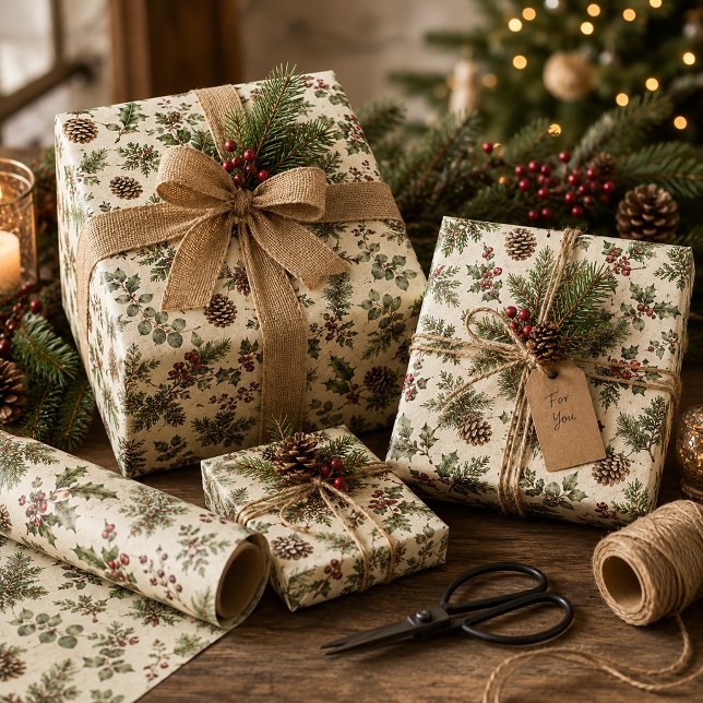 Rustic Pinecones Evergreens Holly Masculine  Wrapping Paper (Creator Uploaded)