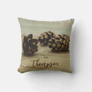 Rustic Pinecones Fall Photo Custom Family Name Cushion