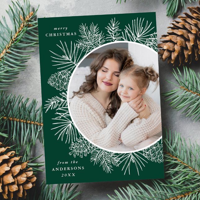 Rustic Pinecones Green Photo Holiday Card (Creator Uploaded)