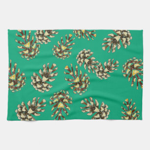 Rustic Pinecones Pattern on Forest Green Kitchen Tea Towel