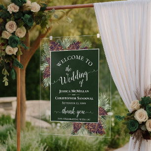 Rustic Pinecones & Pine Branches Wedding Welcome Acrylic Sign