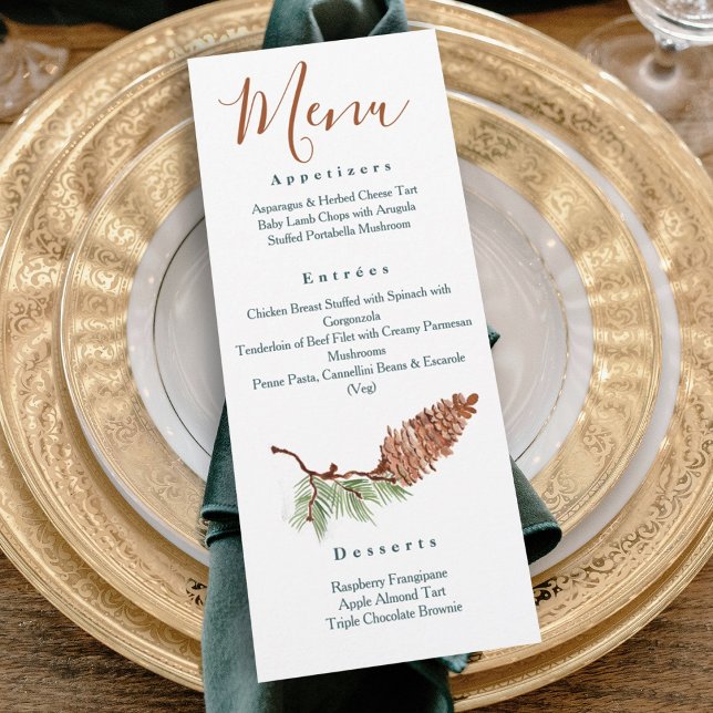 Rustic Pinecones Pine Needle Reception Dinner Menu Invitation (rustic winter pinecone wedding reception dinner menu terracotta brown green winter wedding colors)