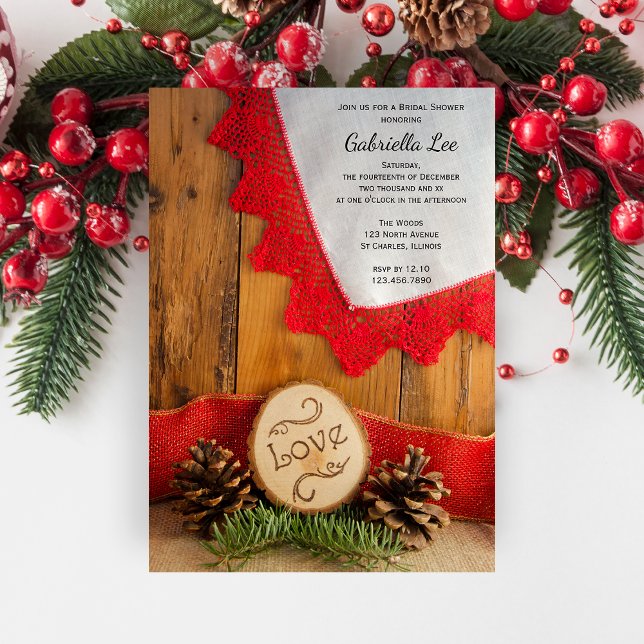 Rustic Pines and Red Lace Winter Bridal Shower Invitation (Set a festive tone with the Rustic Pines and Red Lace Winter Woodland Bridal Shower Invitation.)