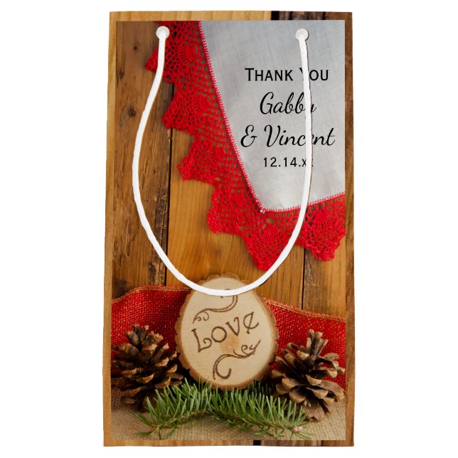 Rustic Pines and Red Lace Woods Wedding Thank You Small Gift Bag (Front)