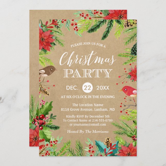 Rustic Pines Berries Floral Kraft Christmas Party Invitation (Front/Back)