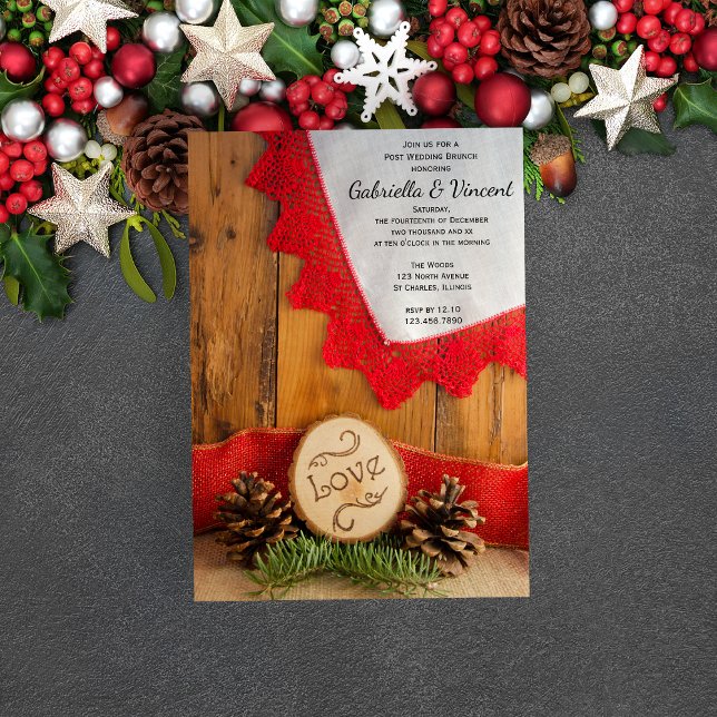 Rustic Pines Red Lace Post Wedding Brunch Invite (Set a festive tone with the Rustic Pines and Red Lace Winter Woodland Post Wedding Brunch Invitation)