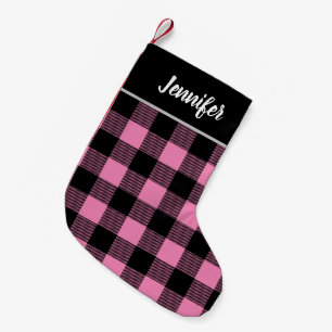 Rustic Pink and Black Buffalo Check Monogram Small Christmas Stocking