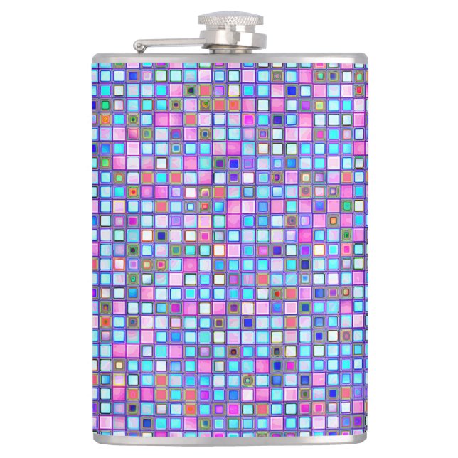 Rustic Pink And Blue Mosaic 'Clay' Tiles Pattern Hip Flask (Front)