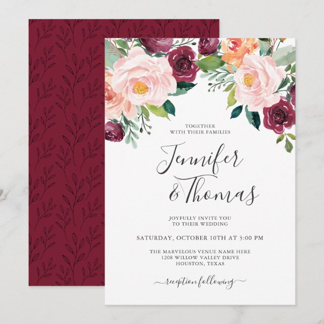 Rustic Pink and Burgundy Floral Wedding Invitation (Front/Back)