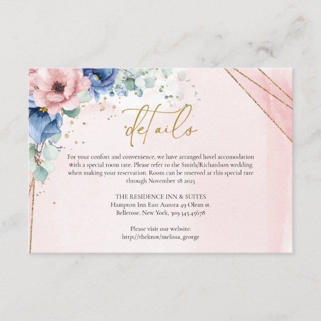Rustic pink and Dusty Blue Floral gold details Enclosure Card (Front)