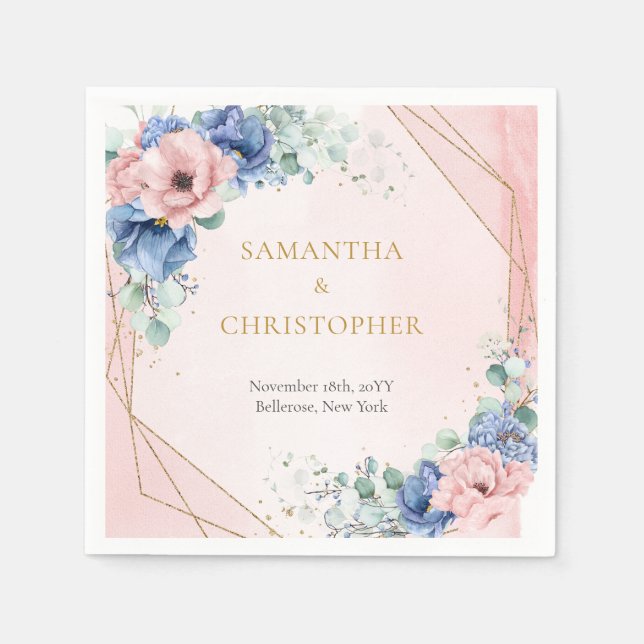 Rustic Pink and Dusty Blue Floral gold frame Napkin (Front)