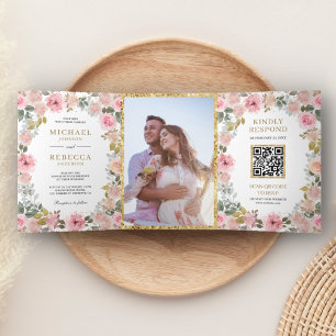 Rustic Pink and Gold Floral Photo QR Code Wedding Tri-Fold Invitation