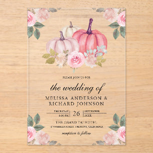 Rustic Pink and Gold Pumpkin Floral Wedding Acrylic Invitations