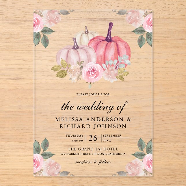 Rustic Pink and Gold Pumpkin Floral Wedding Acrylic Invitations (Front)