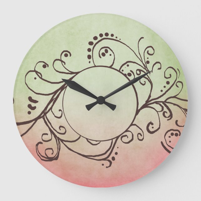 Rustic Pink and Green Bohemian  Flourish Large Clock (Front)