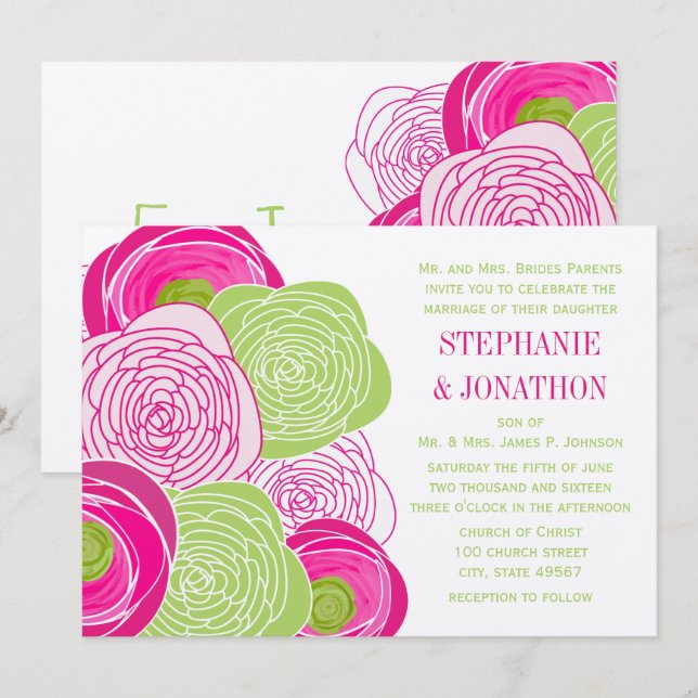 Rustic Pink and Green Rose Wedding Invite (Front/Back)
