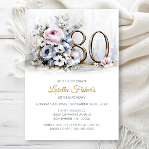 Rustic Pink and Grey Floral 80th Birthday Party Invitation