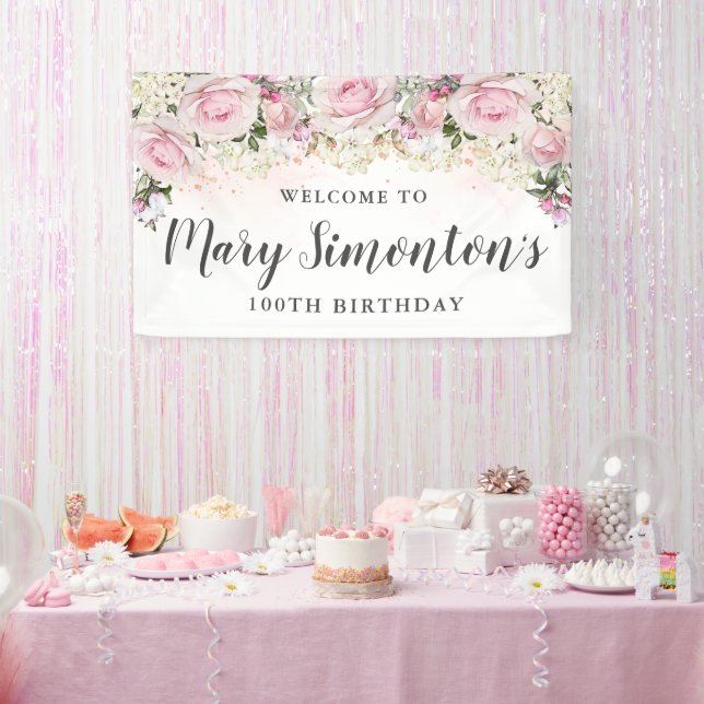 Rustic Pink and White Floral 100th Birthday Banner (Party)