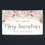 Rustic Pink and White Floral 60th Birthday Banner<br><div class="desc">Rustic and elegant. Blush pink roses,  white hydrangea flowers and lots of greenery,  leaves and vines join together to create a beautiful floral border along the top of this 60th birthday banner.  Please contact me if you need help customising it or finding coordinating items.</div>