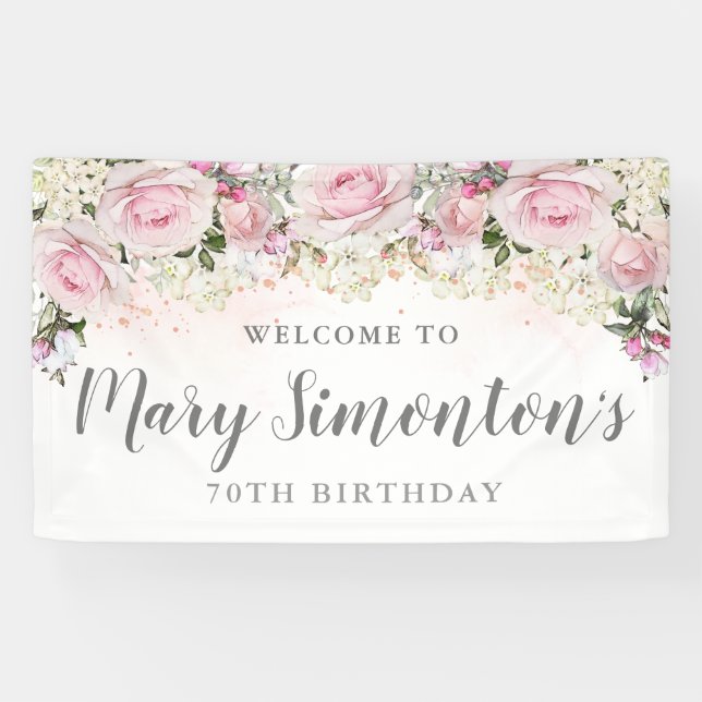 Rustic Pink and White Floral 70th Birthday Banner (Horizontal)