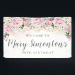 Rustic Pink and White Floral 80th Birthday Banner<br><div class="desc">Rustic and elegant. Blush pink roses,  white hydrangea flowers and lots of greenery,  leaves and vines join together to create a beautiful floral border along the top of this 80th birthday banner.  Please contact me if you need help customising it or finding coordinating items.</div>