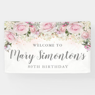 Rustic Pink and White Floral 80th Birthday Banner